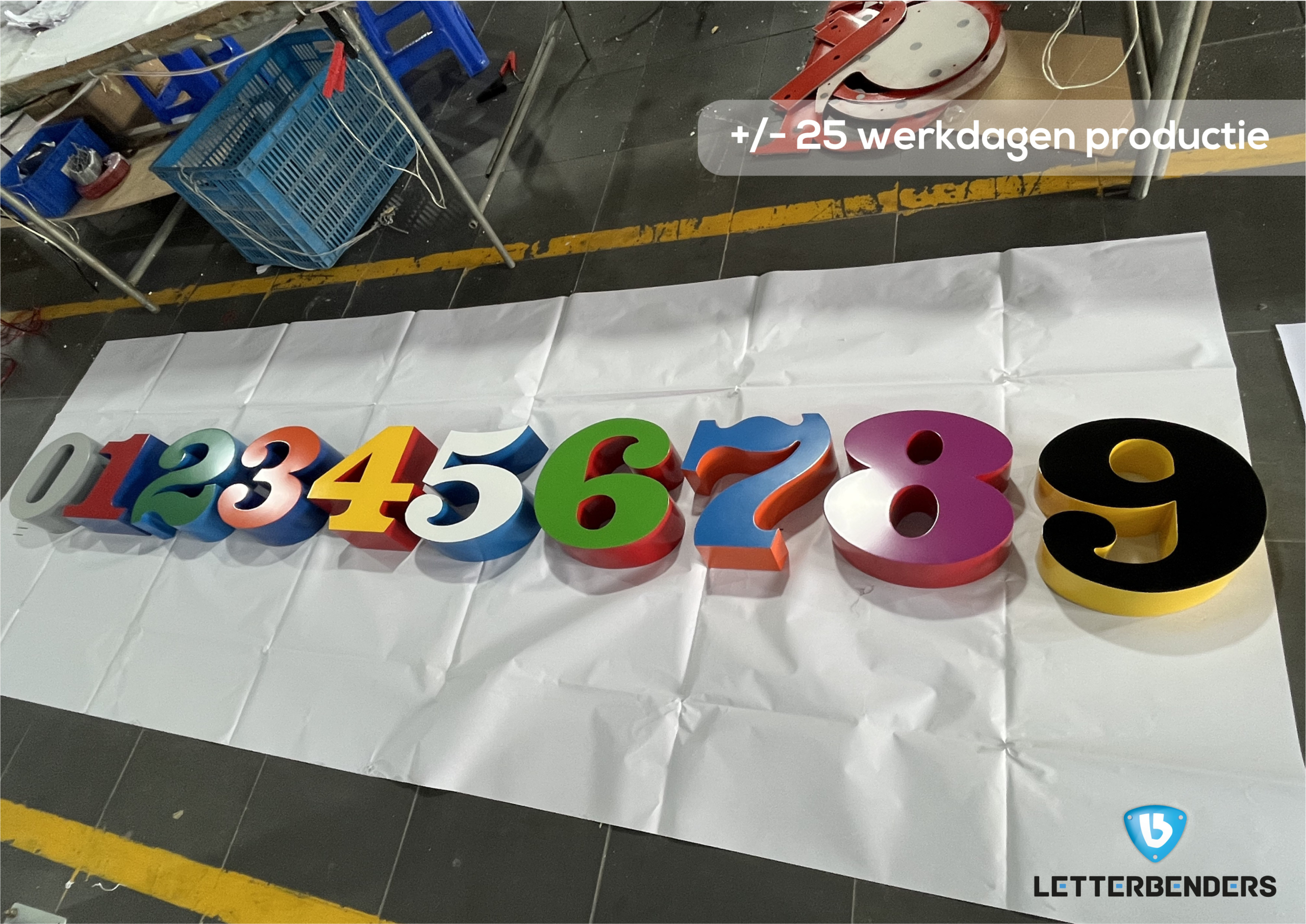 Onverlichte 3D doosletters met hoogwaardige lakafwerking in RAL-kleuren, geproduceerd in signfabriek, close-up van cijfers en letters