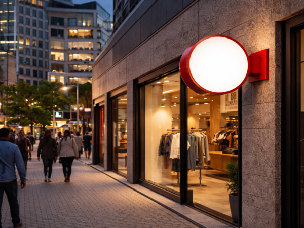Ronde opaal acrylaat lichtbak met rode rand, verlicht en gemonteerd op een moderne winkelgevel in een stadsstraat.