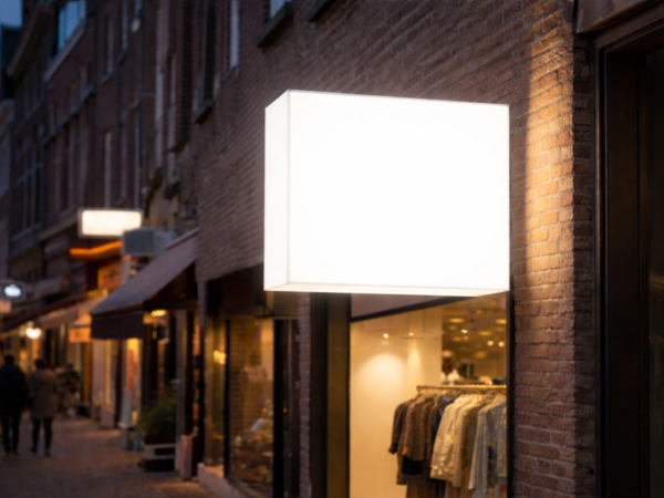 Vierkante opaal acrylaat lichtbak met beeldmerk, verlicht aan alle zijden, gemonteerd op een winkelgevel in een sfeervolle winkelstraat.