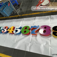 Onverlichte 3D doosletters met hoogwaardige lakafwerking in RAL-kleuren, geproduceerd in signfabriek, close-up van cijfers en letters